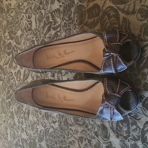 Brown leather and green suede Nicole Miller peep toe wedges